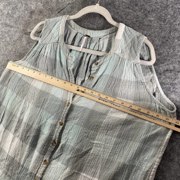 Free People Tank Top Medium Green Gray Plaid Sleeveless Button-Up Tunic - Picture 6 of 8